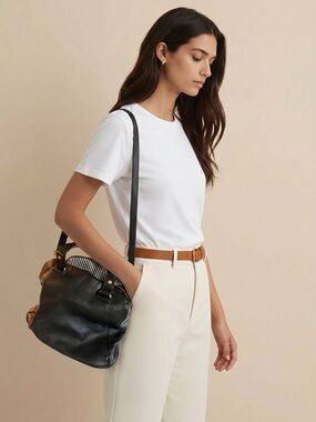Antik Kraft Black Leather Handbag with Gold Zippers Striped Lining